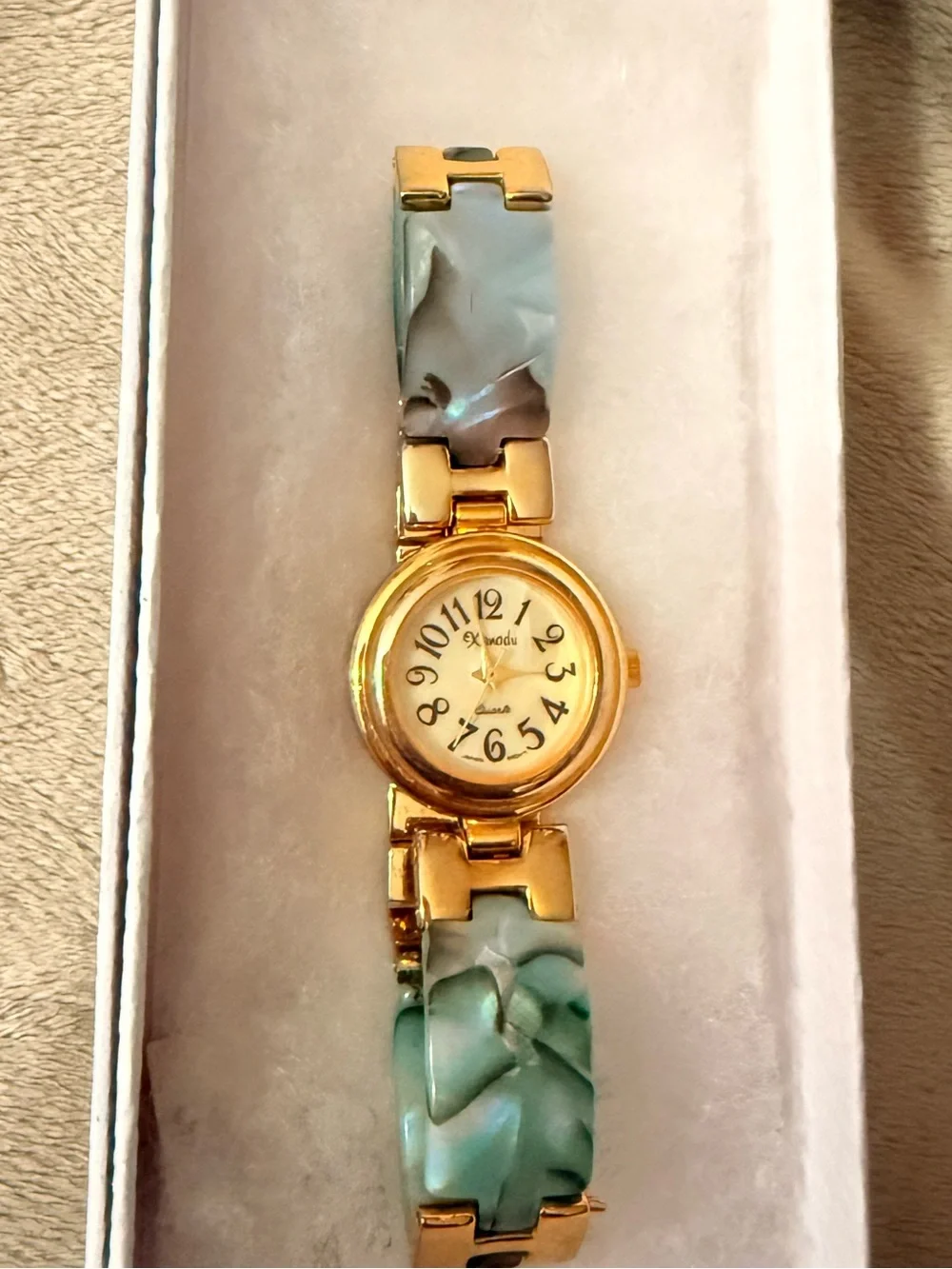 Vintage Xandu Genuine Green Abalone Shell Gold Plated Ladies Watch